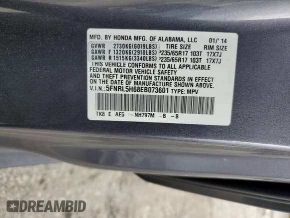 ✅ 2014 Honda Odyssey EX-L • VIN: 5FNRL5H68EB073601 • Lot: 48163095. Listed on Copart with 66,907 mi. Free auction sales archive from the USA and detailed vehicle history report at DreamBid. Image 13.