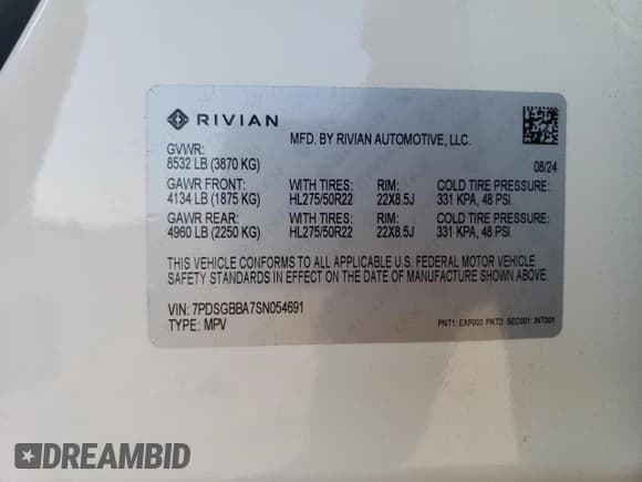 ✅ 2025 Rivian R1S Adventure • VIN: 7PDSGBBA7SN054691 • Lot: 68477695. Listed on Copart with Not provided. Free auction sales archive from the USA and detailed vehicle history report at DreamBid. Image 12.