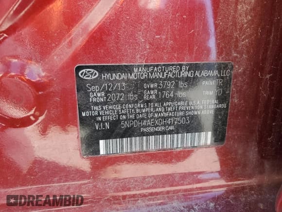 ✅ 2013 Hyundai Elantra GLS • VIN: 5NPDH4AEXDH417503 • Lot: 89559035. Listed on Copart with 106,858 mi. Free auction sales archive from the USA and detailed vehicle history report at DreamBid. Image 12.