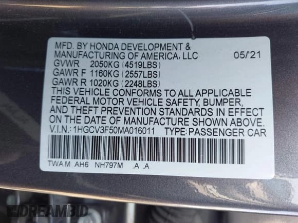 ✅ 2021 Honda Accord EX-L • VIN: 1HGCV3F50MA016011 • Lot: 43520058. Listed on IAAI with 51,098 mi. Free auction sales archive from the USA and detailed vehicle history report at DreamBid. Image 9.