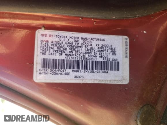 ✅ 1995 Toyota Camry LE • VIN: 4T1SK12E8SU639591 • Lot: 82498795. Wystawiony na Copart z przebiegiem 411 498 mil. Bezpłatny archiwum sprzedaży aukcyjnych z USA i szczegółowy raport historii pojazdu na DreamBid. Zdjęcie 12.