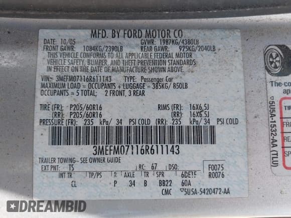 ✅ 2006 Mercury Milan • VIN: 3MEFM07116R611143 • Лот: 42980700. Опубликован ранее на IAAI с пробегом 208 830 миль. Бесплатный доступ к архиву аукционных продаж из США и подробный отчёт об истории автомобиля на DreamBid. Изображение 9.