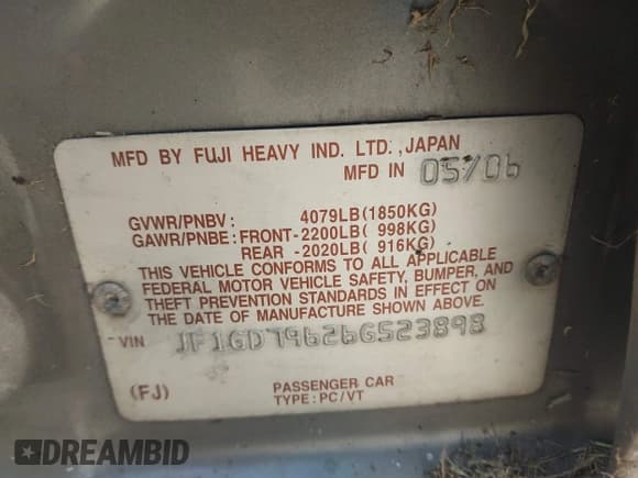 ✅ 2006 Subaru Impreza WRX Limited • VIN: JF1GD79626G523898 • Lot: 43658229. Wystawiony na IAAI z przebiegiem 174 228 mil. Bezpłatny archiwum sprzedaży aukcyjnych z USA i szczegółowy raport historii pojazdu na DreamBid. Zdjęcie 9.