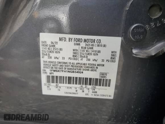 2022 Ford Explorer Limited with VIN 1FMSK7FH1NGB34924, listed as a Copart auction lot 85694715 with Not provided miles and Salvage title. Bid and sale history available at DreamBid. Image 13.