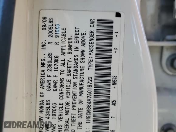 ✅ 2007 Honda Accord LX SE • VIN: 1HGCM664X7A018722 • Lot: 82783895. Listed on Copart with 203,209 mi. Free auction sales archive from the USA and detailed vehicle history report at DreamBid. Image 12.