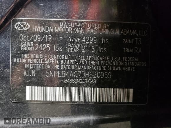 ✅ 2013 Hyundai Sonata GLS • VIN: 5NPEB4AC7DH620059 • Lot: 71104964. Listed on Copart with 99,509 mi. Free auction sales archive from the USA and detailed vehicle history report at DreamBid. Image 15.