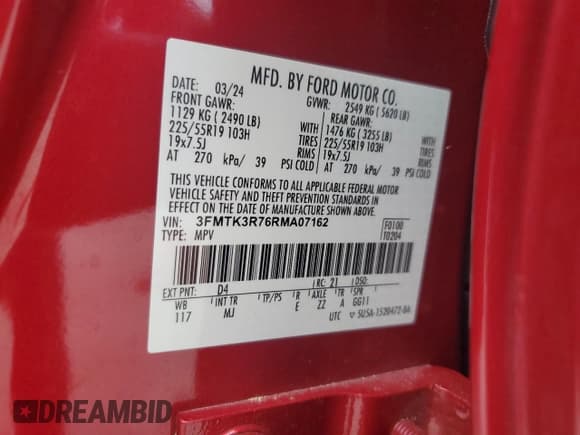 ✅ 2024 Ford Mustang Mach-E Premium • VIN: 3FMTK3R76RMA07162 • Lot: 83787325. Wystawiony na Copart z przebiegiem 33 283 mil. Bezpłatny archiwum sprzedaży aukcyjnych z USA i szczegółowy raport historii pojazdu na DreamBid. Zdjęcie 12.