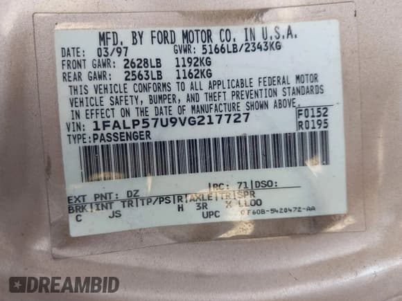 ✅ 1997 Ford Taurus GL • VIN: 1FALP57U9VG217727 • Lot: 42879165. Wystawiony na IAAI z przebiegiem 108 138 mil. Bezpłatny archiwum sprzedaży aukcyjnych z USA i szczegółowy raport historii pojazdu na DreamBid. Zdjęcie 9.