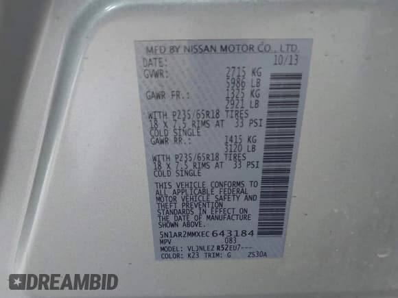 ✅ 2014 Nissan Pathfinder SL • VIN: 5N1AR2MMXEC643184 • Lot: 43767045. Listed on IAAI with 101,687 mi. Free auction sales archive from the USA and detailed vehicle history report at DreamBid. Image 9.