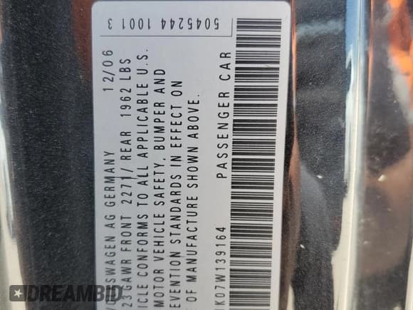 ✅ 2007 Volkswagen Golf GTI • VIN: WVWEV71K07W139164 • Lot: 56896555. Listed on Copart with 184,123 mi. Free auction sales archive from the USA and detailed vehicle history report at DreamBid. Image 13.