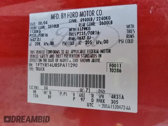✅ 2005 Ford Ranger XL • VIN: 1FTYR14U85PA11290 • Lot: 96375365. Wystawiony na Copart z przebiegiem 217 334 mil. Bezpłatny archiwum sprzedaży aukcyjnych z USA i szczegółowy raport historii pojazdu na DreamBid. Zdjęcie 12.