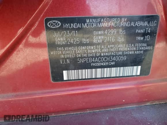 2012 Hyundai Sonata GLS with VIN 5NPEB4AC0CH340059, listed as a Copart auction lot 82341855 with 108,156 mi miles and Salvage title. Bid and sale history available at DreamBid. Image 13.