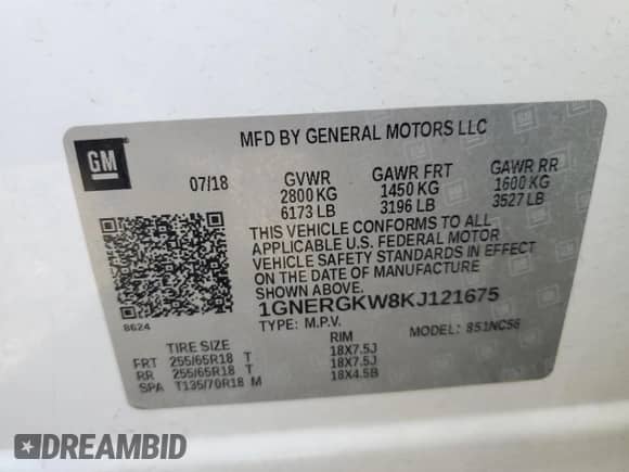 2019 Chevrolet Traverse LT Cloth z VIN 1GNERGKW8KJ121675, wystawiony jako Copart lot #84051555 z przebiegiem Nie podano mil oraz Nie do naprawy • Non repairable. Historia ofert i sprzedaży dostępna na DreamBid. Obrazek 13.