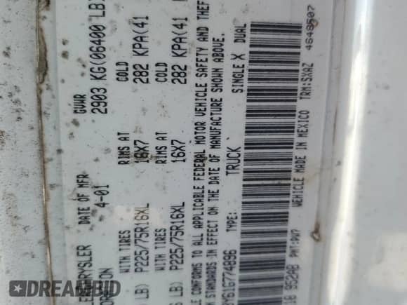 2001 Dodge 1500 с VIN 3B7HC13Y61G774896, выставлен на аукционе Copart как лот 76619814 с пробегом 154 871 миль миль и На запчасти • Non repairable. История ставок и продаж доступна на DreamBid. Изображение 12.