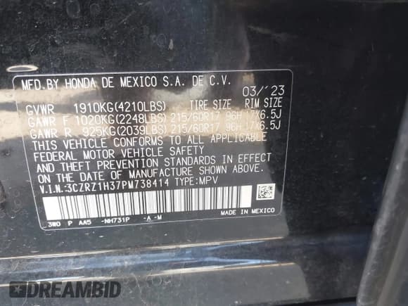 ✅ 2023 Honda HR-V LX • VIN: 3CZRZ1H37PM738414 • Lot: 43328176. Wystawiony na IAAI z przebiegiem 55 117 mil. Bezpłatny archiwum sprzedaży aukcyjnych z USA i szczegółowy raport historii pojazdu na DreamBid. Zdjęcie 9.