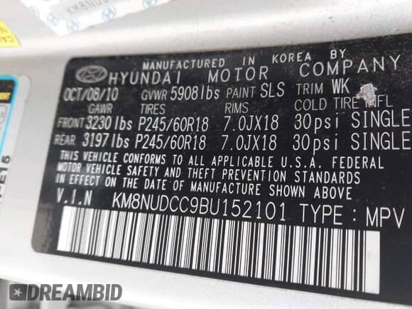 2011 Hyundai Veracruz Limited с VIN KM8NUDCC9BU152101, выставлен на аукционе IAAI как лот 42249180 с пробегом 228 502 миль миль и . История ставок и продаж доступна на DreamBid. Изображение 9.