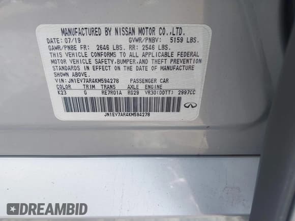 ✅ 2019 Infiniti Q50 Luxe • VIN: JN1EV7AR4KM594278 • Lot: 42614521. Listed on IAAI with 52,013 mi. Free auction sales archive from the USA and detailed vehicle history report at DreamBid. Image 9.