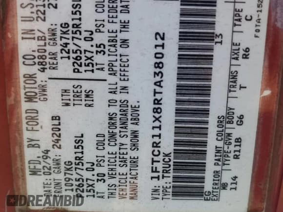 ✅ 1994 Ford Ranger Splash • VIN: 1FTCR11X8RTA38012 • Лот: 82430674. Опубликован ранее на Copart с пробегом 232 908 миль. Бесплатный доступ к архиву аукционных продаж из США и подробный отчёт об истории автомобиля на DreamBid. Изображение 13.