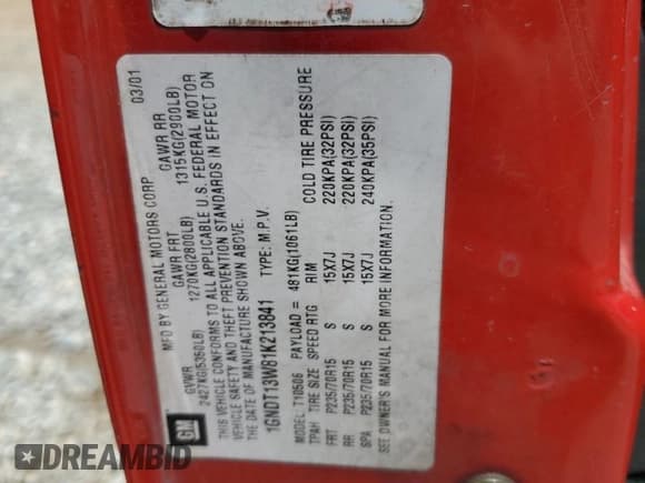 ✅ 2001 Chevrolet Blazer LT • VIN: 1GNDT13W81K213841 • Lot: 60416045. Wystawiony na Copart z przebiegiem 203 622 mil. Bezpłatny archiwum sprzedaży aukcyjnych z USA i szczegółowy raport historii pojazdu na DreamBid. Zdjęcie 13.