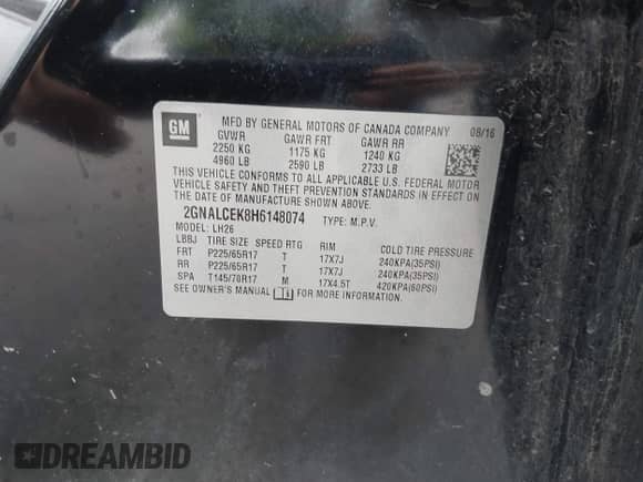 2017 Chevrolet Equinox LT z VIN 2GNALCEK8H6148074, wystawiony jako IAAI lot #43378919 z przebiegiem 167 216 mil mil oraz . Historia ofert i sprzedaży dostępna na DreamBid. Obrazek 9.