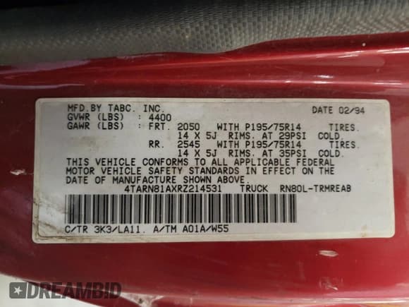 ✅ 1994 Toyota Pickup • VIN: 4TARN81AXRZ214531 • Лот: 68502294. Опубликован ранее на Copart с пробегом 232 439 миль. Бесплатный доступ к архиву аукционных продаж из США и подробный отчёт об истории автомобиля на DreamBid. Изображение 12.