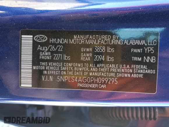 ✅ 2023 Hyundai Elantra SEL • VIN: 5NPLS4AG0PH099295 • Lot: 92408505. Listed on Copart with 52,813 mi. Free auction sales archive from the USA and detailed vehicle history report at DreamBid. Image 12.