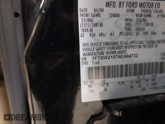 ✅ 2009 Ford F-250 XL • VIN: 1FTSW21579EA94732 • Lot: 41447845. Listed on IAAI with 264,359 mi. Free auction sales archive from the USA and detailed vehicle history report at DreamBid. Image 9.