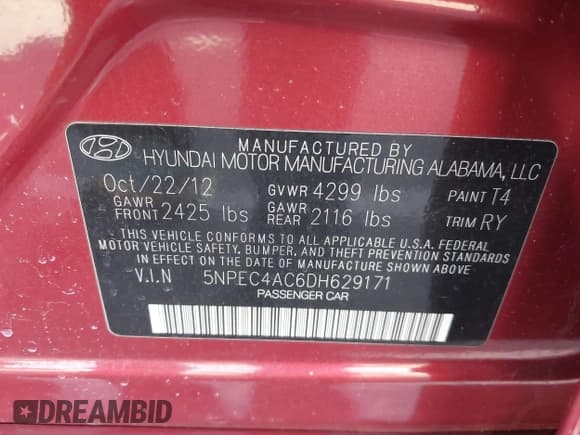 ✅ 2013 Hyundai Sonata SE • VIN: 5NPEC4AC6DH629171 • Lot: 43629675. Listed on IAAI with 80,727 mi. Free auction sales archive from the USA and detailed vehicle history report at DreamBid. Image 9.