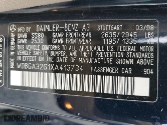 ✅ 1999 Mercedes-Benz S 320/430/500 • VIN: WDBGA32G1XA413734 • Lot: 46553125. Wystawiony na Copart z przebiegiem 254 084 mil. Bezpłatny archiwum sprzedaży aukcyjnych z USA i szczegółowy raport historii pojazdu na DreamBid. Zdjęcie 12.