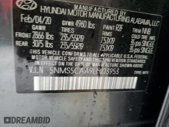 ✅ 2020 Hyundai Santa Fe Limited • VIN: 5NMS5CAA9LH223953 • Lot: 48340744. Wystawiony na Copart z przebiegiem 43 528 mil. Bezpłatny archiwum sprzedaży aukcyjnych z USA i szczegółowy raport historii pojazdu na DreamBid. Zdjęcie 14.