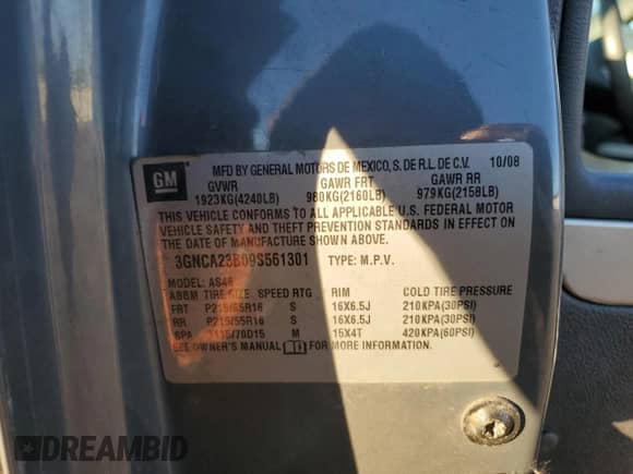 2009 Chevrolet HHR 1LT z VIN 3GNCA23B09S561301, wystawiony jako Copart lot #82739775 z przebiegiem 116 295 mil mil oraz Szkoda całkowita • Salvage title. Historia ofert i sprzedaży dostępna na DreamBid. Obrazek 12.