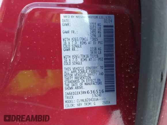 2024 Nissan Frontier SV with VIN 1N6ED1EK3RN636516, listed as a IAAI auction lot 43309558 with 21,491 mi miles and . Bid and sale history available at DreamBid. Image 9.