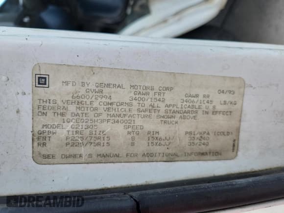 ✅ 1993 Chevrolet Chevy Van • VIN: 1GCEG25H3PF340021 • Lot: 69375045. Listed on Copart with 106,197 mi. Free auction sales archive from the USA and detailed vehicle history report at DreamBid. Image 13.