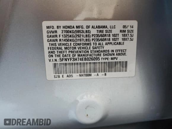 ✅ 2014 Honda Pilot EX-L • VIN: 5FNYF3H74EB026095 • Lot: 89575245. Listed on Copart with 100,624 mi. Free auction sales archive from the USA and detailed vehicle history report at DreamBid. Image 13.