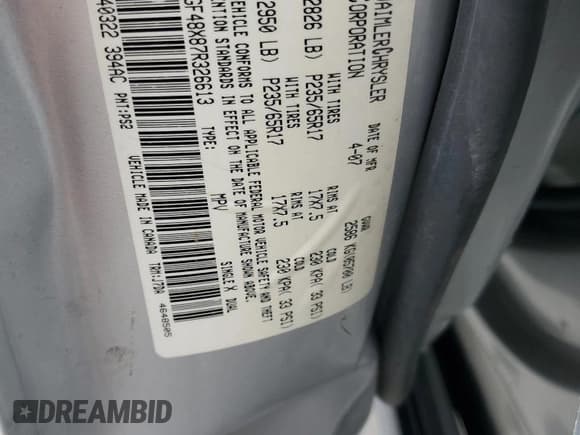 ✅ 2007 Chrysler Pacifica • VIN: 2A8GF48X87R326613 • Lot: 81920485. Listed on Copart with 138,518 mi. Free auction sales archive from the USA and detailed vehicle history report at DreamBid. Image 13.