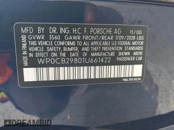 ✅ 2001 Porsche Boxster S • VIN: WP0CB29801U661422 • Lot: 43492149. Listed on IAAI with 39,333 mi. Free auction sales archive from the USA and detailed vehicle history report at DreamBid. Image 9.