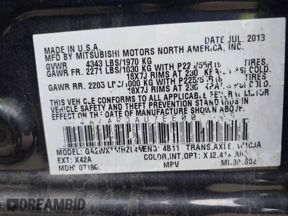 2014 Mitsubishi Outlander ES with VIN 4A4AR3AU7EE002506, listed as a IAAI auction lot 43083381 with 87,329 mi miles and . Bid and sale history available at DreamBid. Image 9.