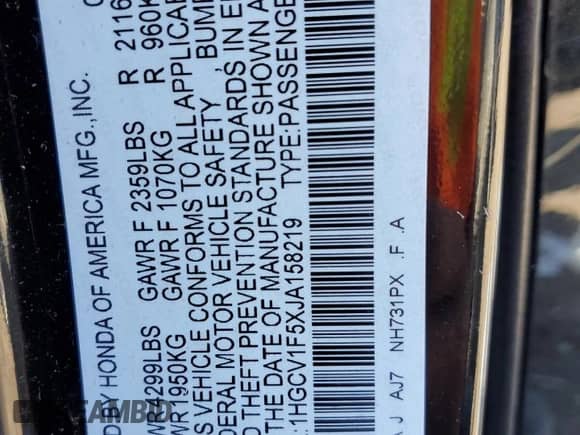 2018 Honda Accord EX-L z VIN 1HGCV1F5XJA158219, wystawiony jako Copart lot #81394625 z przebiegiem 108 177 mil mil oraz Szkoda całkowita • Salvage title. Historia ofert i sprzedaży dostępna na DreamBid. Obrazek 12.