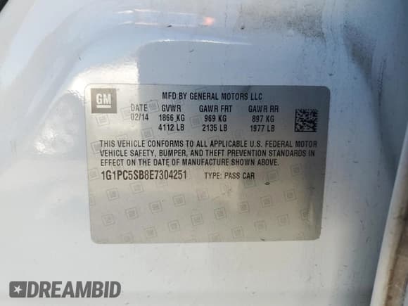 ✅ 2014 Chevrolet Cruze 1LT • VIN: 1G1PC5SB8E7304251 • Лот: 91235745. Опубликован ранее на Copart с пробегом 174 920 миль. Бесплатный доступ к архиву аукционных продаж из США и подробный отчёт об истории автомобиля на DreamBid. Изображение 12.