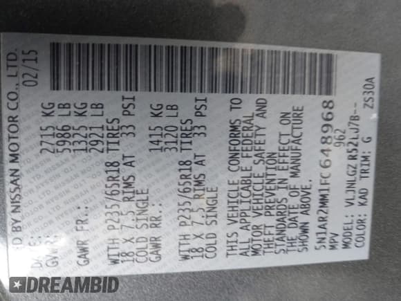 ✅ 2015 Nissan Pathfinder Platinum • VIN: 5N1AR2MM1FC648968 • Lot: 42953732. Listed on IAAI with 134,729 mi. Free auction sales archive from the USA and detailed vehicle history report at DreamBid. Image 9.