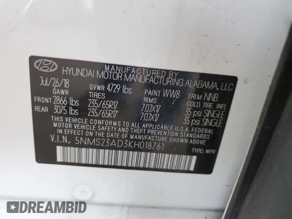 ✅ 2019 Hyundai Santa Fe SE • VIN: 5NMS23AD3KH018761 • Lot: 55953534. Wystawiony na Copart z przebiegiem 88 011 mil. Bezpłatny archiwum sprzedaży aukcyjnych z USA i szczegółowy raport historii pojazdu na DreamBid. Zdjęcie 13.