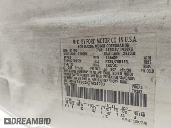 ✅ 2000 Mazda B-Series SX • VIN: 4F4YR12C3YTM25283 • Lot: 42646355. Listed on IAAI with 70,534 mi. Free auction sales archive from the USA and detailed vehicle history report at DreamBid. Image 9.