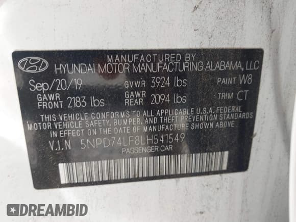 ✅ 2020 Hyundai Elantra SE • VIN: 5NPD74LF8LH541549 • Lot: 43127672. Listed on IAAI with 94,779 mi. Free auction sales archive from the USA and detailed vehicle history report at DreamBid. Image 9.