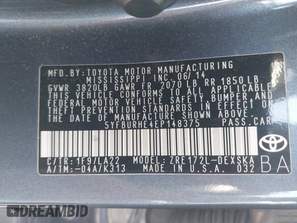 ✅ 2014 Toyota Corolla L • VIN: 5YFBURHE4EP148375 • Lot: 42769247. Wystawiony na IAAI z przebiegiem 130 297 mil. Bezpłatny archiwum sprzedaży aukcyjnych z USA i szczegółowy raport historii pojazdu na DreamBid. Zdjęcie 9.