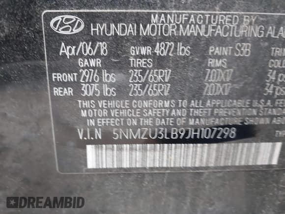 ✅ 2018 Hyundai Santa Fe 2.4L • VIN: 5NMZU3LB9JH107298 • Лот: 42681824. Опубликован ранее на IAAI с пробегом 149 967 миль. Бесплатный доступ к архиву аукционных продаж из США и подробный отчёт об истории автомобиля на DreamBid. Изображение 9.