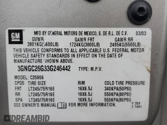 ✅ 2003 Chevrolet Suburban LT • VIN: 3GNGC26G33G246442 • Лот: 85146494. Опубликован ранее на Copart с пробегом Не указан. Бесплатный доступ к архиву аукционных продаж из США и подробный отчёт об истории автомобиля на DreamBid. Изображение 15.