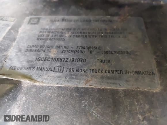 ✅ 2007 Chevrolet Silverado 1500 Work Truck • VIN: 1GCEC19X67Z191870 • Lot: 43505974. Listed on IAAI with 547,482 mi. Free auction sales archive from the USA and detailed vehicle history report at DreamBid. Image 9.