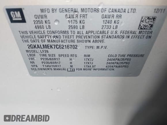 ✅ 2012 GMC Terrain SLE-1 • VIN: 2GKALMEK7C6216702 • Lot: 43598323. Listed on IAAI with 187,922 mi. Free auction sales archive from the USA and detailed vehicle history report at DreamBid. Image 9.