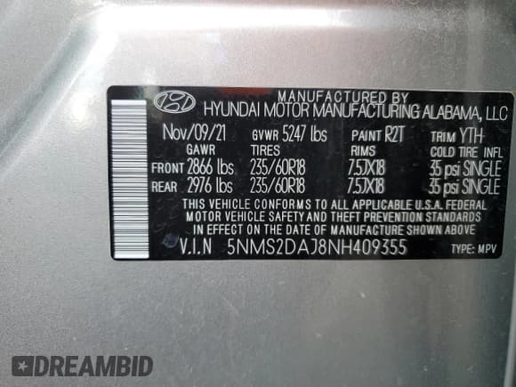 ✅ 2022 Hyundai Santa Fe SEL • VIN: 5NMS2DAJ8NH409355 • Lot: 82594975. Listed on Copart with 33,651 mi. Free auction sales archive from the USA and detailed vehicle history report at DreamBid. Image 13.