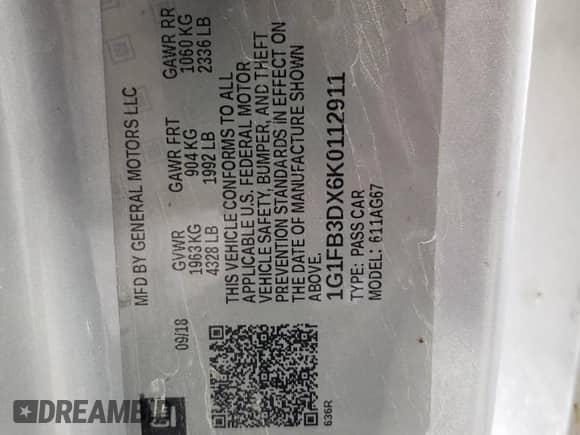 2019 Chevrolet Camaro 1LT с VIN 1G1FB3DX6K0112911, выставлен на аукционе Copart как лот 67308785 с пробегом 83 238 миль миль и Списание • Salvage title. История ставок и продаж доступна на DreamBid. Изображение 12.